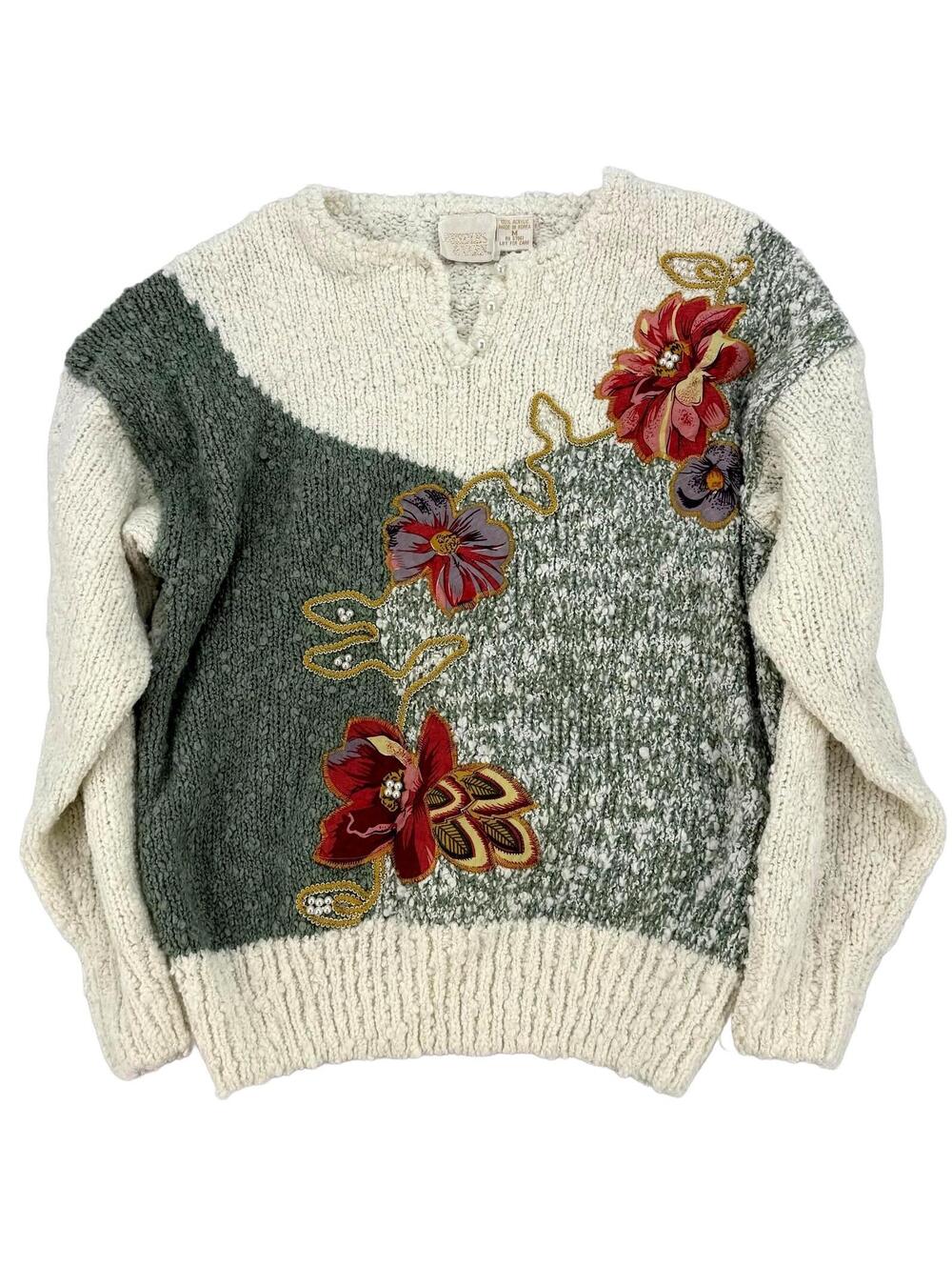 80s Style Needles & Yarn Sweater Medium Cream Green Floral Embroidered Vintage